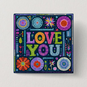 Love You, colourful vintage design, 15 Cm Square Badge