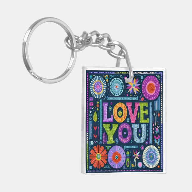 Love You, colourful vintage design, Key Ring (Front Left)