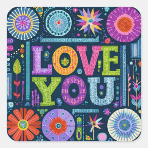 Love You, colourful vintage design, Square Sticker