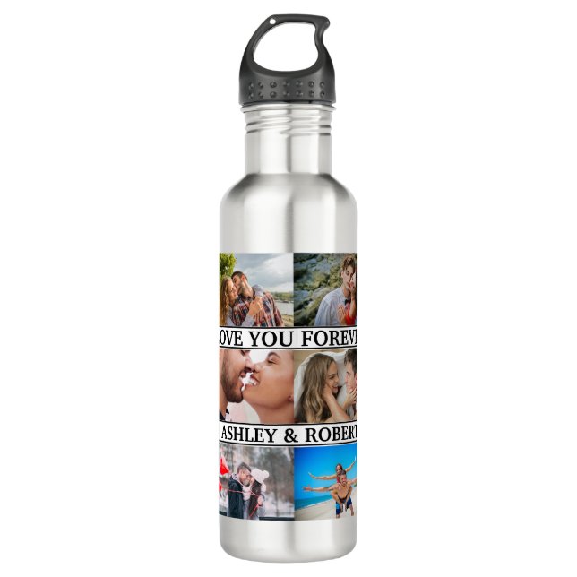 Love You Custom Names 12 Photo Collage Couples 710 Ml Water Bottle (Front)
