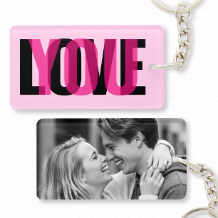 Love You Custom Photo Modern Typography Pink Black Key Ring