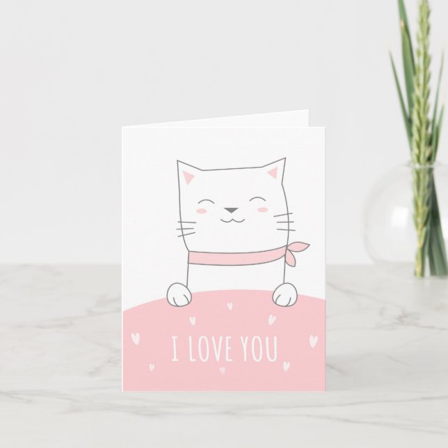Love You Cute Cat Pink Heart Love Greeting Card (Front)
