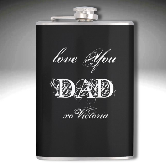 'Love You Dad' From...Custom White Black Silver Hip Flask (Simple & Heartfelt.   'Love You Dad' from someone who really cares.)