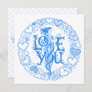 Love You Fantasy Valentine gift Blue Line Art  Holiday Card