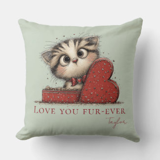Love You Fur-Ever Cute Cat Sage Green Throw Pillow