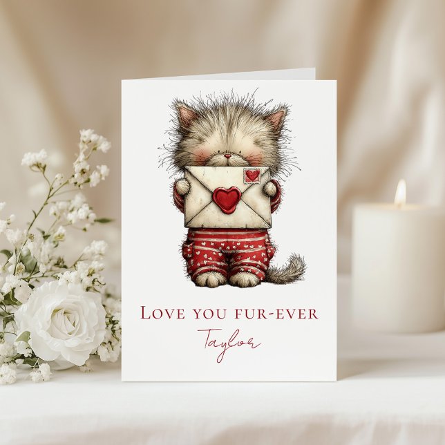 Love You Fur-Ever Cute Kitten Valentine Folded Holiday Card (Love You Fur-Ever Cute Kitten Valentine Folded Holiday Card on a table with white flowers)