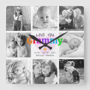 Love You Grammy Colourful Modern 8 Photo Collage Square Wall Clock
