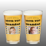 Love you Grandad two photos black grey beer Glass<br><div class="desc">Beer Glass Gift idea for Grandad.
Black and grey,  with 1 photo of the grandchild on the front and another one on the back.
We love you.</div>