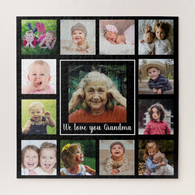 Love You Grandma 12 Family Photo Collage Black Jigsaw Puzzle (Vertical)
