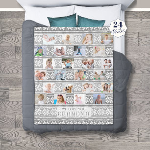 Love You Grandma 24 Photo Collage Snowflake Grey Fleece Blanket
