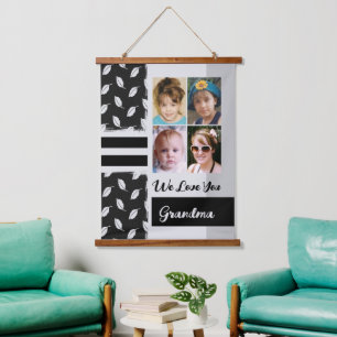 Love you Grandma 4 photo leaf pattern black Hanging Tapestry