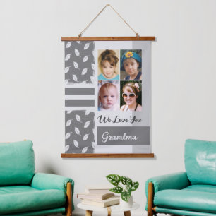 Love you Grandma 4 photo leaf pattern grey Hanging Tapestry