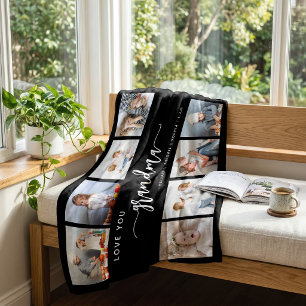 Love You Grandma 8 Photo Collage Black Fleece Blanket
