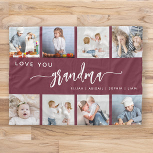 Love You Grandma 8 Photo Collage Burgundy Fleece Blanket