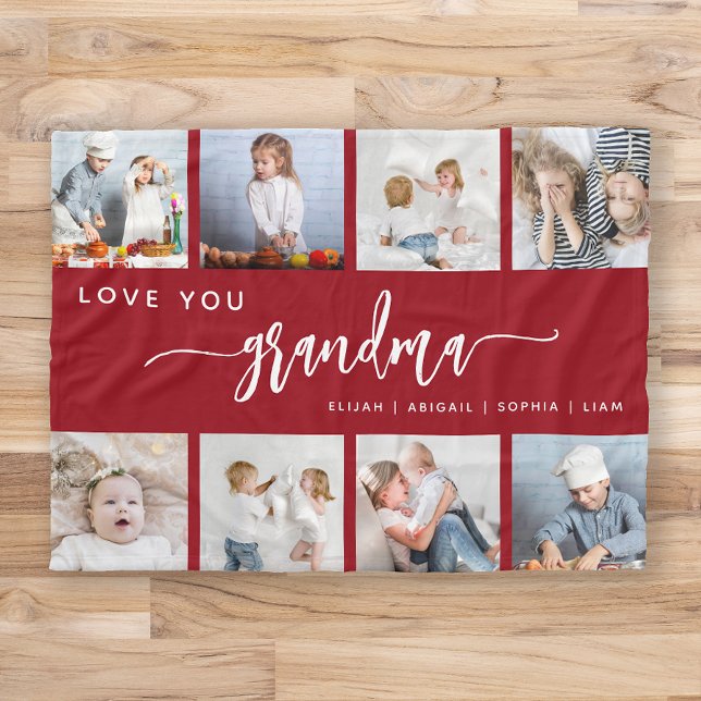Love You Grandma 8 Photo Collage Cranberry Red Fleece Blanket (Creator Uploaded)