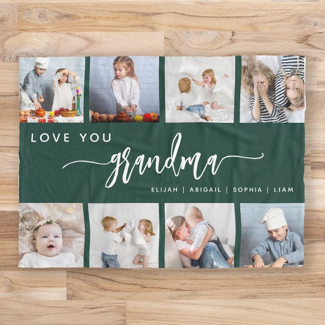 Love You Grandma 8 Photo Collage Emerald Green Fleece Blanket (Creator Uploaded)