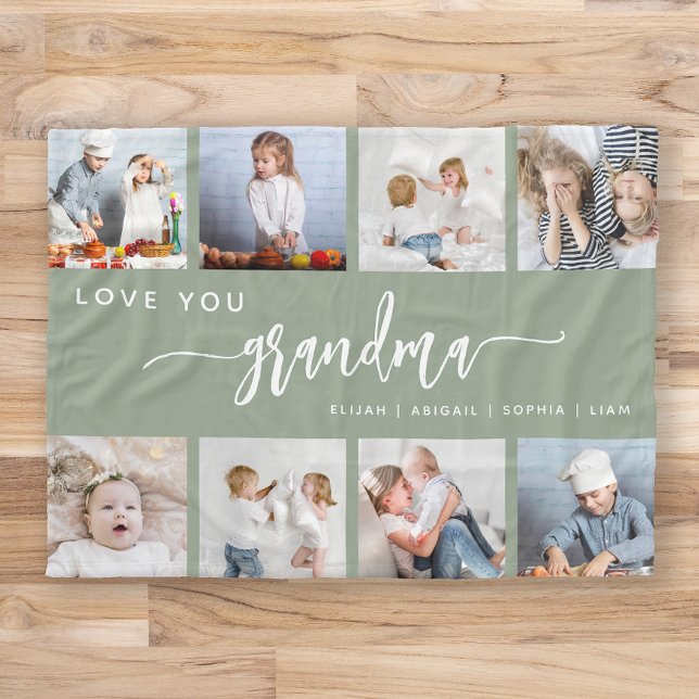 Love You Grandma 8 Photo Collage Sage Green Fleece Blanket (Creator Uploaded)