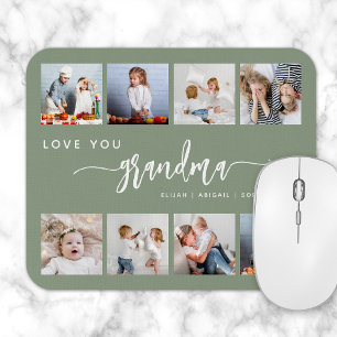 Love You Grandma 8 Photo Collage Sage Green Mouse Pad
