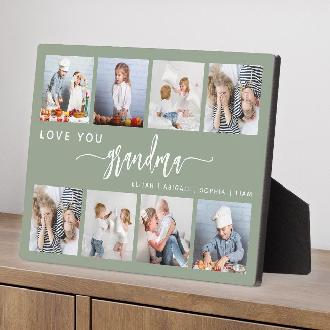 Love You Grandma 8 Photo Collage Sage Green Plaque (Creator Uploaded)