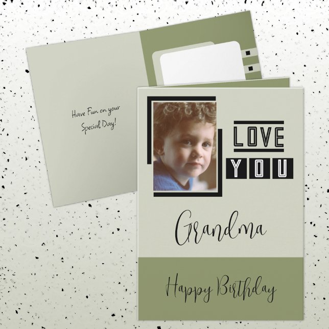 Love you Grandma add photo green black birthday Card (Creator Uploaded)