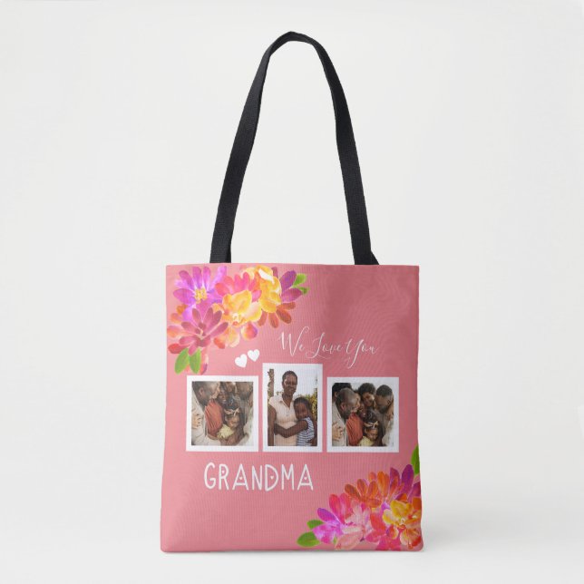 Love You Grandma Bright Pink Florals Photos Tote B Bag (Front)