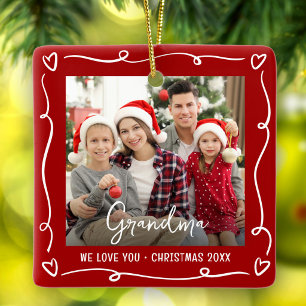 Love You Grandma Christmas Photo Red Fun Doodles Ceramic Ornament