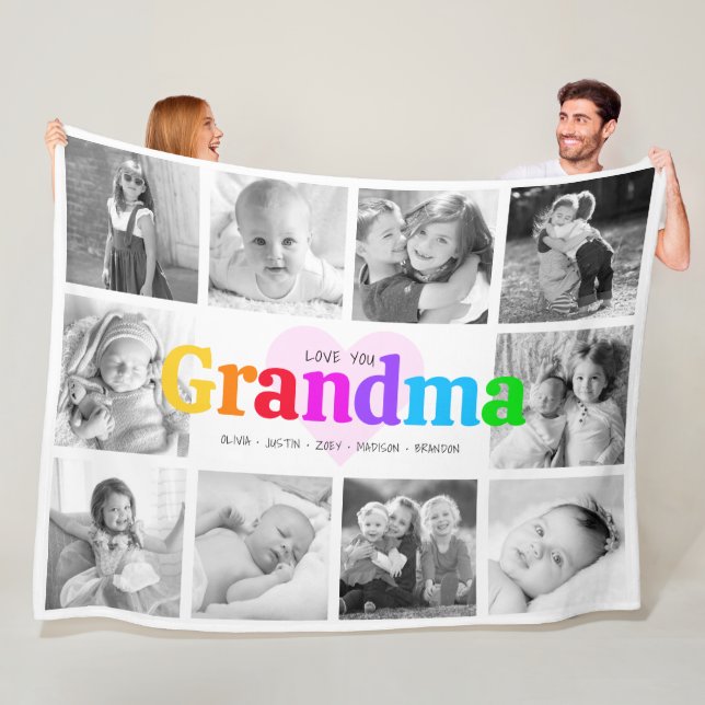 Love You Grandma Colourful Modern 10 Photo Collage Fleece Blanket (In Situ)