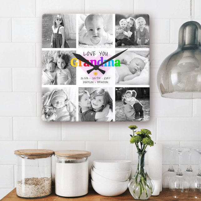 Love You Grandma Colourful Modern 8 Photo Collage Square Wall Clock (Creator Uploaded)