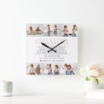 Love You Grandma | Custom Message Photo Collage Square Wall Clock<br><div class="desc">This simple and sweet clock says "We Love you Grandma" in trendy, modern typefaces with your custom message, a charming heart and a spot for names. Minimal six photo template of your favourite personal photos for a gift anyone would love. Mother's Day is the perfect opportunity to show ALL the...</div>