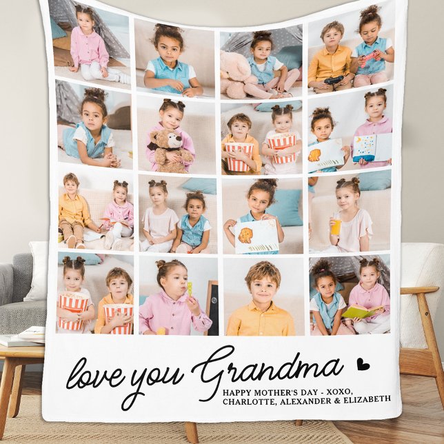Love You Grandma Custom Simple Modern 16 Photo Fleece Blanket (Creator Uploaded)