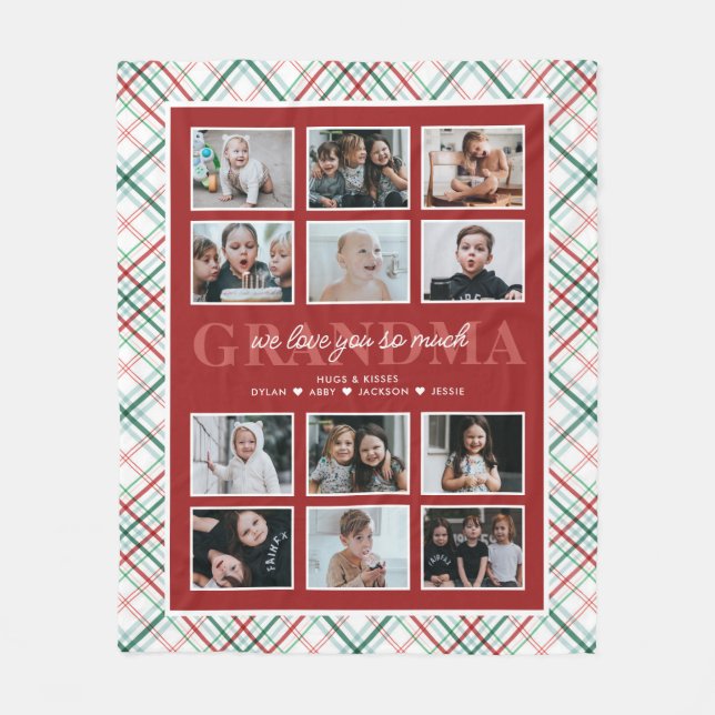 Love You Grandma Custom Text 12-Photo Tartan Fleece Blanket (Front)
