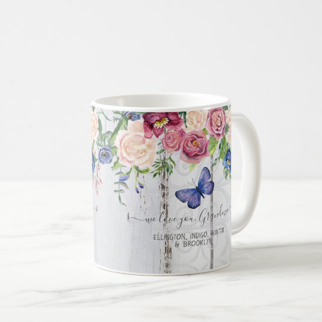 Love You Grandma Floral Rustic Navy Burgundy Peony Coffee Mug (Front Right)
