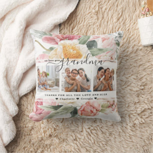 Love You Grandma Floral Three Photo Collage Cushion