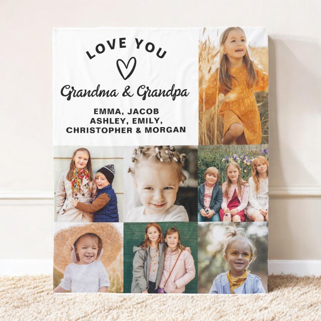 Love You Grandma & Grandpa 7 Photo White Fleece Blanket (Creator Uploaded)
