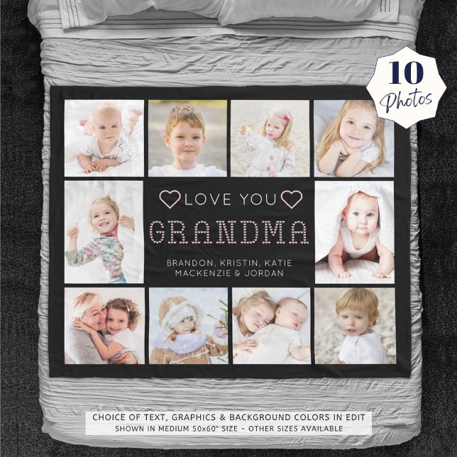 Love You Grandma Hearts 10 Photo Custom Colours Fleece Blanket (Creator Uploaded)