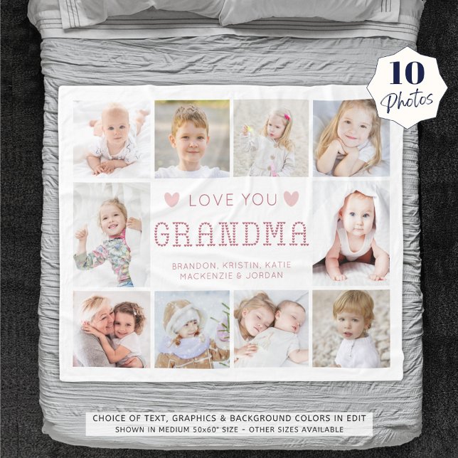 Love You Grandma Hearts 10 Photo Personalised  Fleece Blanket (Creator Uploaded)
