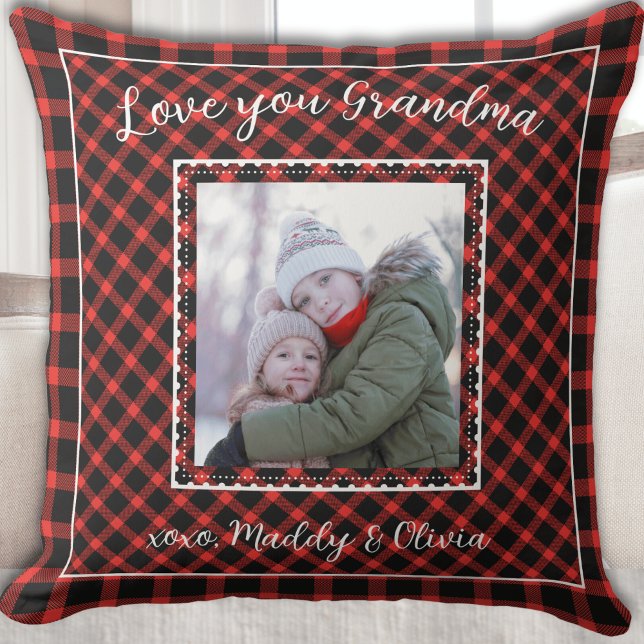 Love you Grandma Modern Red Buffalo Plaid Cushion (Love you Grandma Modern Red Buffalo Plaid Throw Pillow)