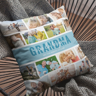 Love You Grandma Photo Collage Blue Cushion