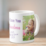 Love You Grandma Photo Purple Pink Coffee Mug<br><div class="desc">Celebrate Grandma with this custom photo design featuring two photos of a grandchild or grandchildren and purple and pink text. You can personalise the expression to "I Love You" or "We Love You, " and personalise whether she is called "Grandma, " "Nana, " "Mum Mum, " etc. You can also...</div>