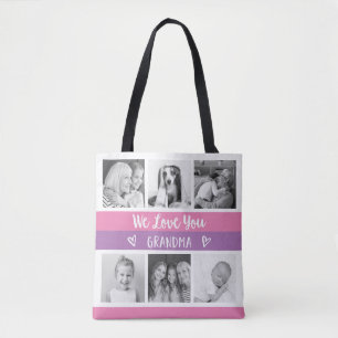Love You Grandma   Pink Color Block Photo Grid Tote Bag
