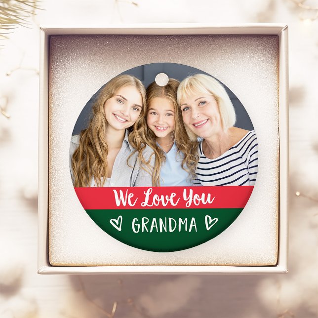 Love You Grandma | Red Green Colour Block Two Phot Ornament (A red and green ornament with two photos that would make the perfect Christmas gift for grandma)