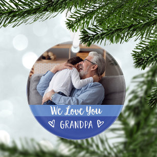 Love You Grandpa   Blue Colour Block Two Photo Ornament