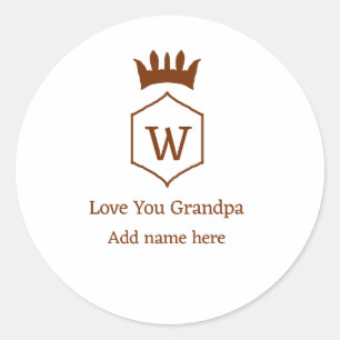 Love you grandpa crown add name details brown squa classic round sticker