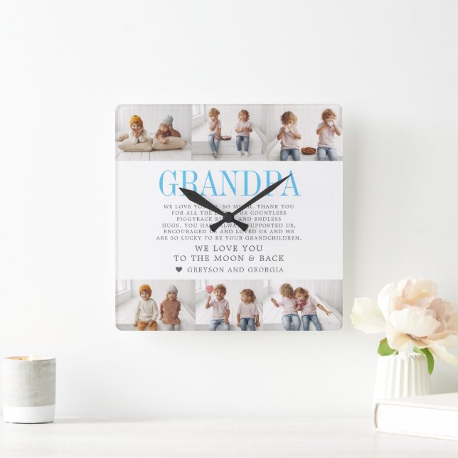 Love You Grandpa | Custom Message Photo Collage Square Wall Clock (Home)