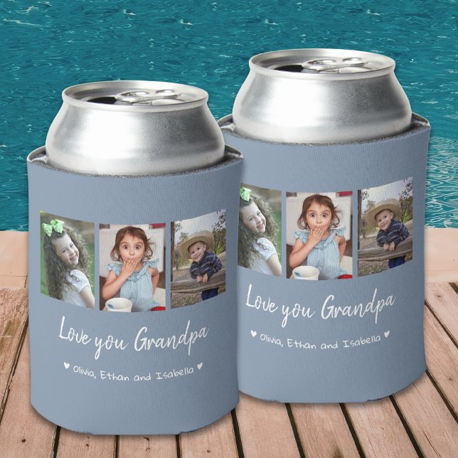 Love You Grandpa Grandkids 3 Photo Collage Gray  Can Cooler (Creator Uploaded)