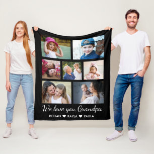 Love You Grandpa Grandkids 7 Photo Collage Black Fleece Blanket