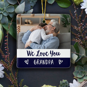Love You Grandpa   Navy Blue Color Block Two Photo Ceramic Ornament