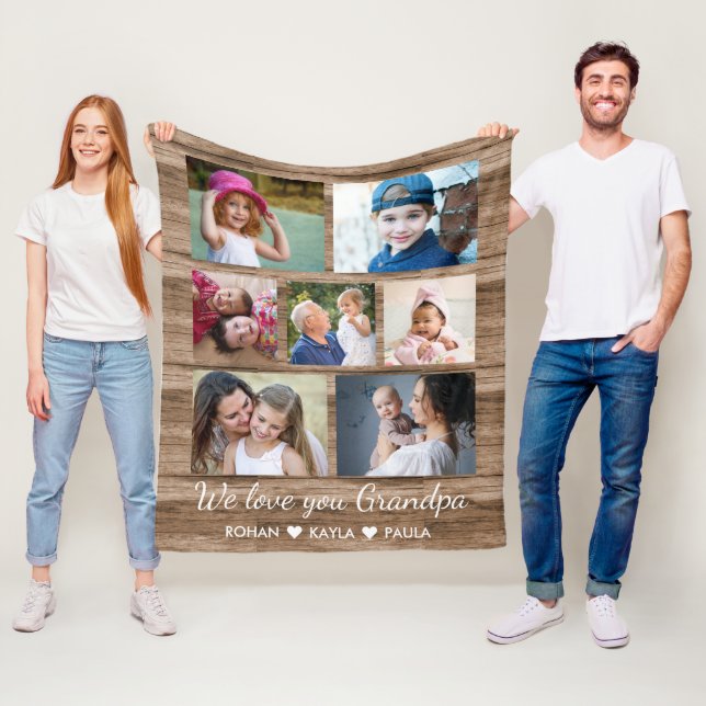 Love You Grandpa  Rustic Wood 7 Photo Collage Fleece Blanket (In Situ)