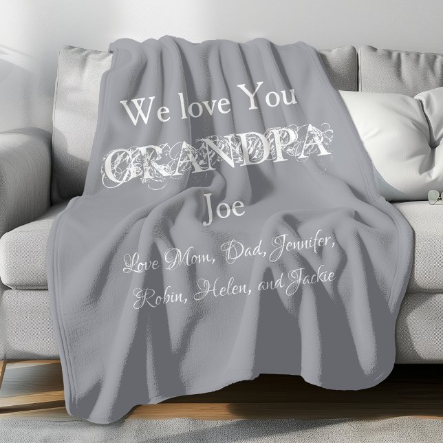 Love You Grandpa Simple Script Kids Name Cute Grey Fleece Blanket ("We Love You GRANDPA" personalized, simple, comfy, light grey fleece blanket. )