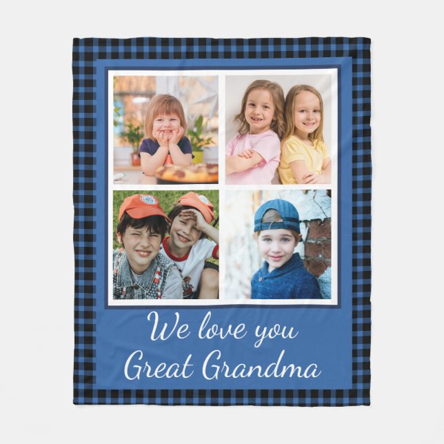 Love You Great Grandma 4 Photo Collage Blue Plaid Fleece Blanket (Front)